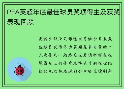 PFA英超年底最佳球员奖项得主及获奖表现回顾